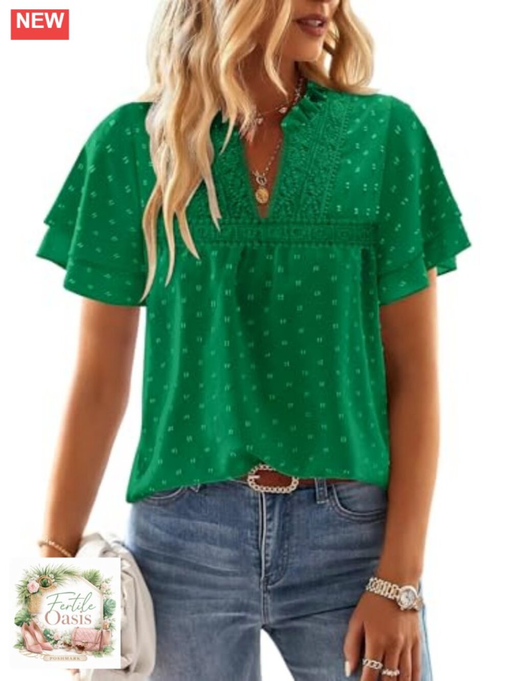 Women's Boho Ruffle Short Sleeve V-Neck Swiss Dot Tunic Blouse